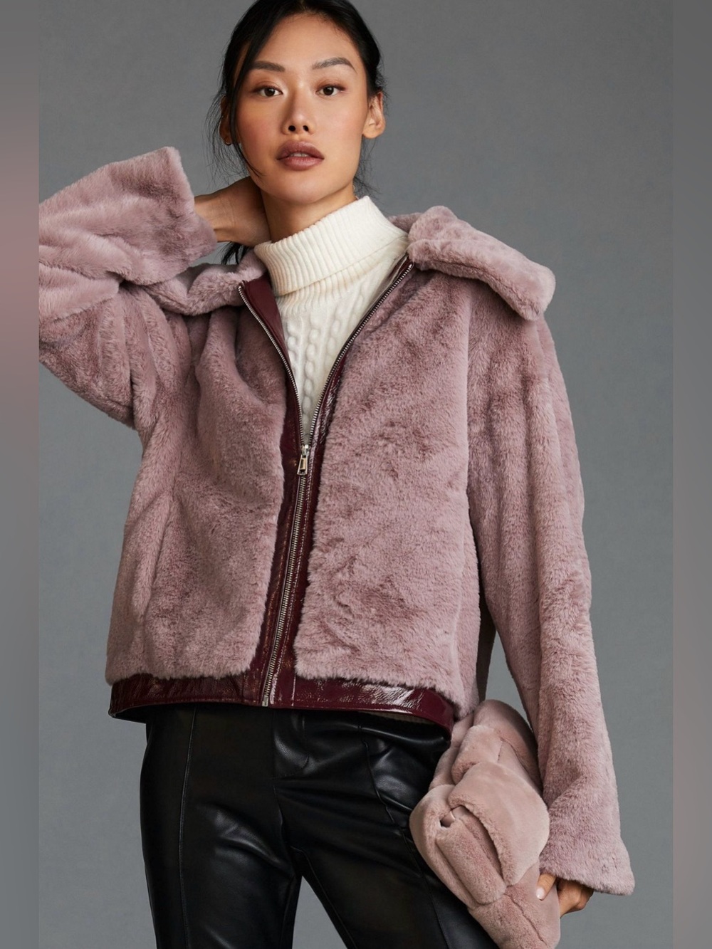 MAEVE ANTHROPOLOGIE Faux Fur Zip-Front Jacket in Dusty Mauve Pink Rose Plush